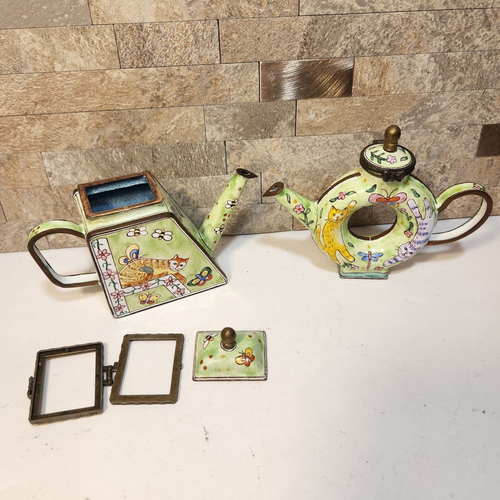 Kelvin Chen Miniature Enamel Cat Teapot Watering Can Set 2000 Signed No 815 265